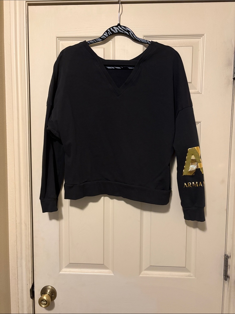 Armani Exchange Black V-Neck Pullover with Gold Sleeve A